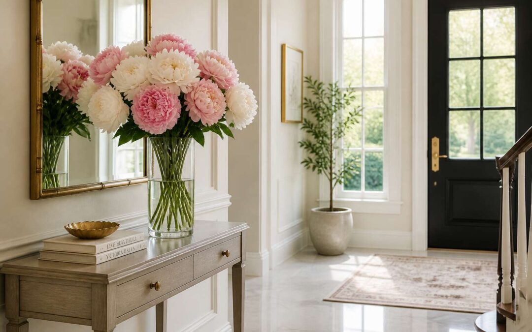 Flowers in the foyer make a welcoming entryway for guests.
